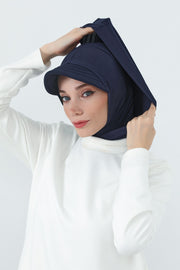 Full Coverage Cotton Bonnet Hijab with Visor, Ready to Wear Modest Visor Underscarf Bonnet with Neck Cover,B-88P Navy Blue
