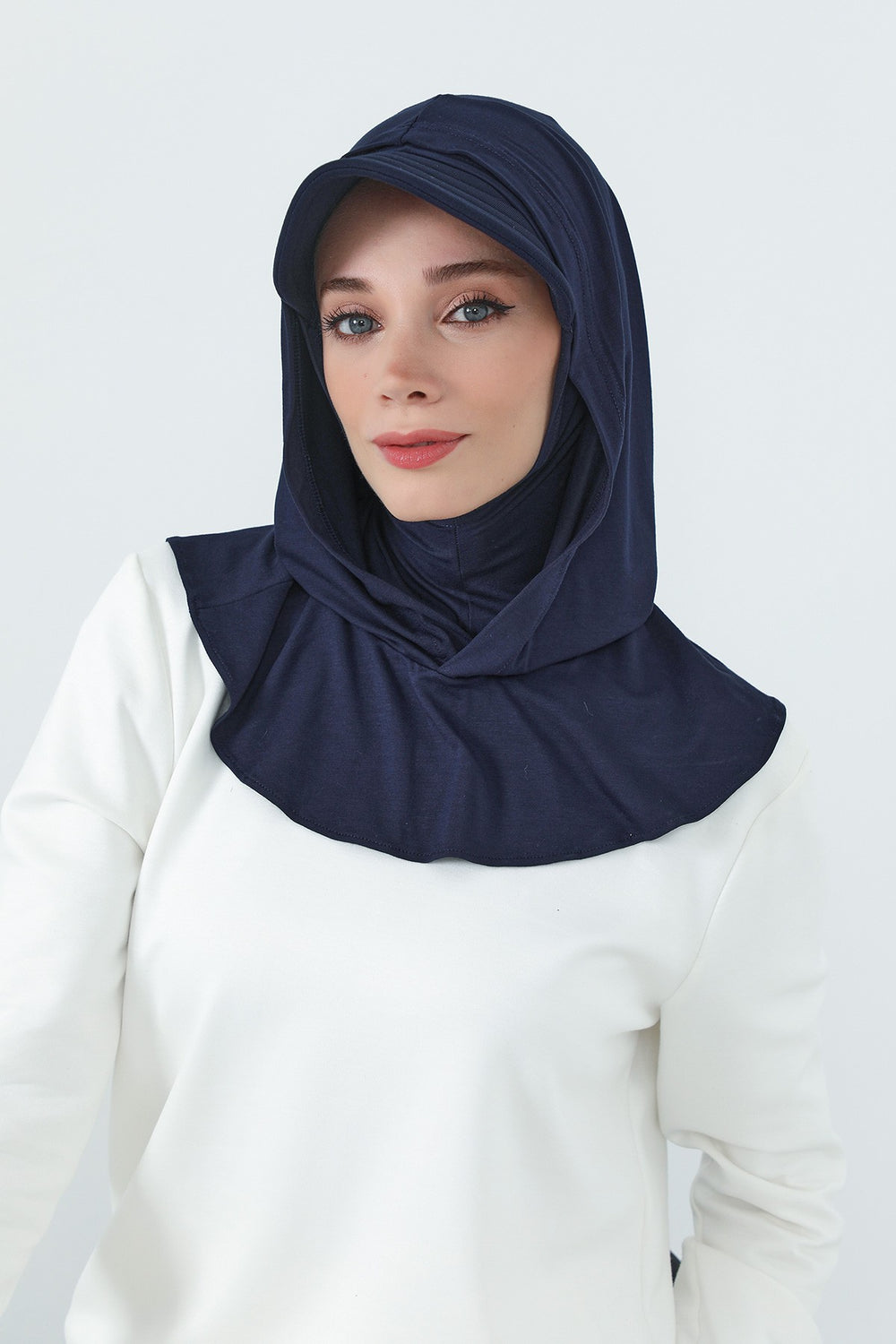 Full Coverage Cotton Bonnet Hijab with Visor, Ready to Wear Modest Visor Underscarf Bonnet with Neck Cover,B-88P Navy Blue