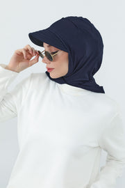 Full Coverage Cotton Bonnet Hijab with Visor, Ready to Wear Modest Visor Underscarf Bonnet with Neck Cover,B-88P Navy Blue