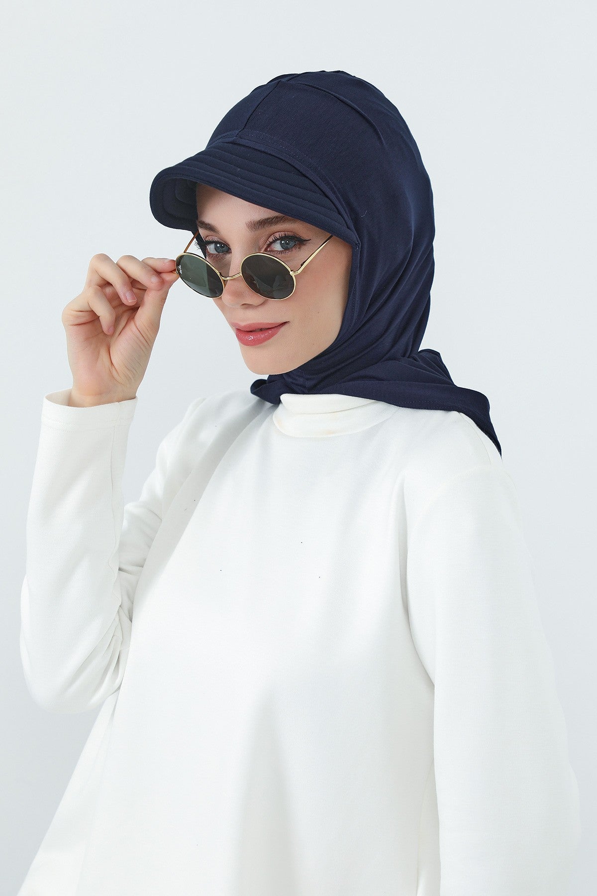 Full Coverage Cotton Bonnet Hijab with Visor, Ready to Wear Modest Visor Underscarf Bonnet with Neck Cover,B-88P Navy Blue