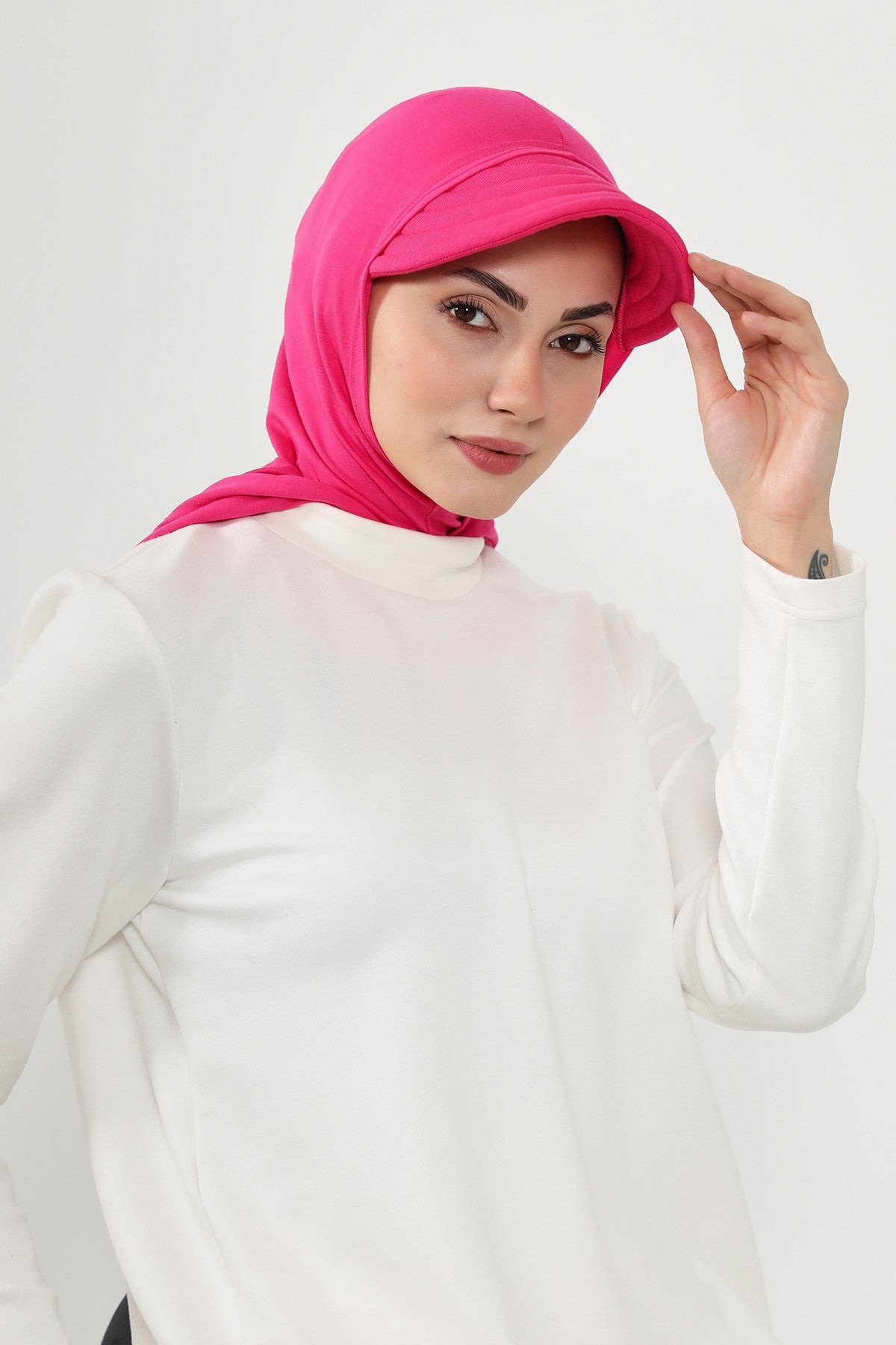 Full Coverage Cotton Bonnet Hijab with Visor, Ready to Wear Modest Visor Underscarf Bonnet with Neck Cover,B-88P Fuchsia