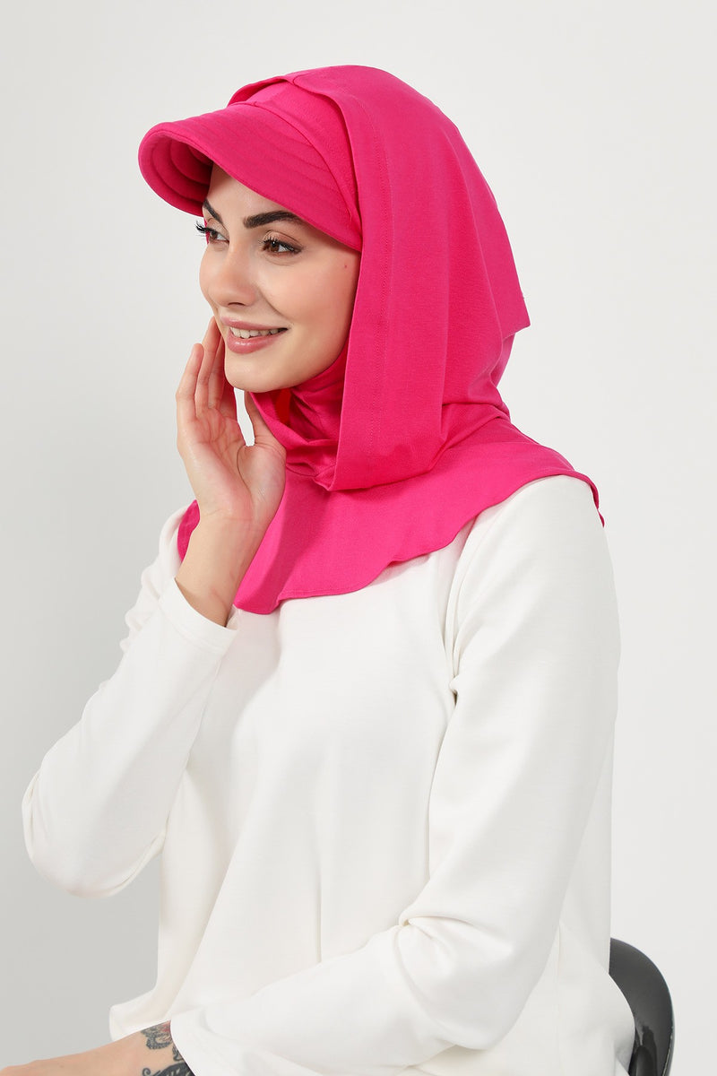Full Coverage Cotton Bonnet Hijab with Visor, Ready to Wear Modest Visor Underscarf Bonnet with Neck Cover,B-88P Fuchsia