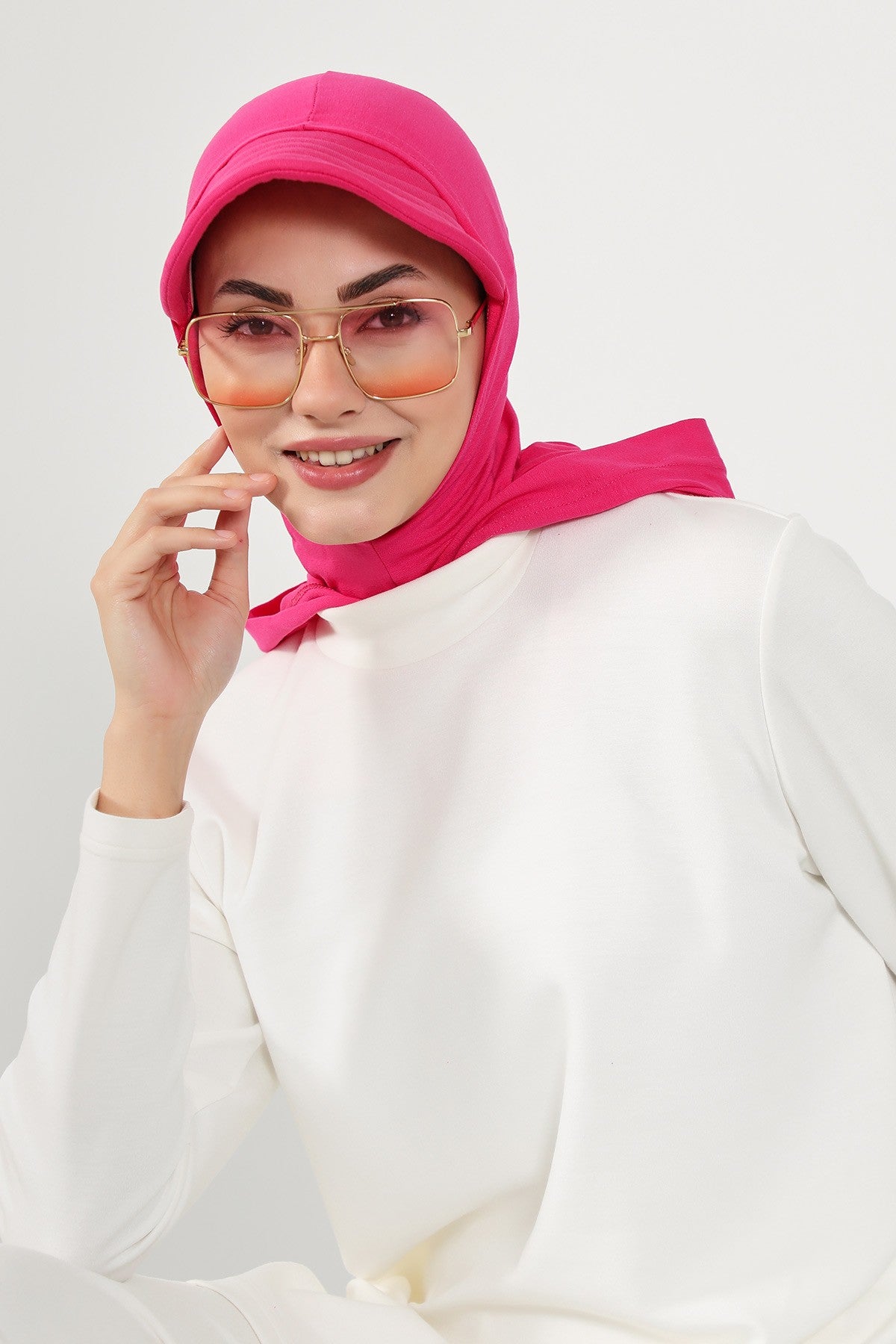 Full Coverage Cotton Bonnet Hijab with Visor, Ready to Wear Modest Visor Underscarf Bonnet with Neck Cover,B-88P Fuchsia