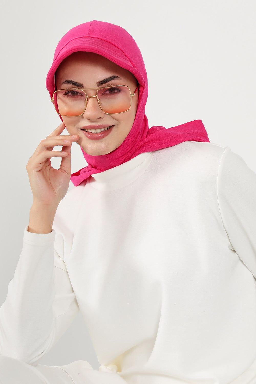 Full Coverage Cotton Bonnet Hijab with Visor, Ready to Wear Modest Visor Underscarf Bonnet with Neck Cover,B-88P Fuchsia