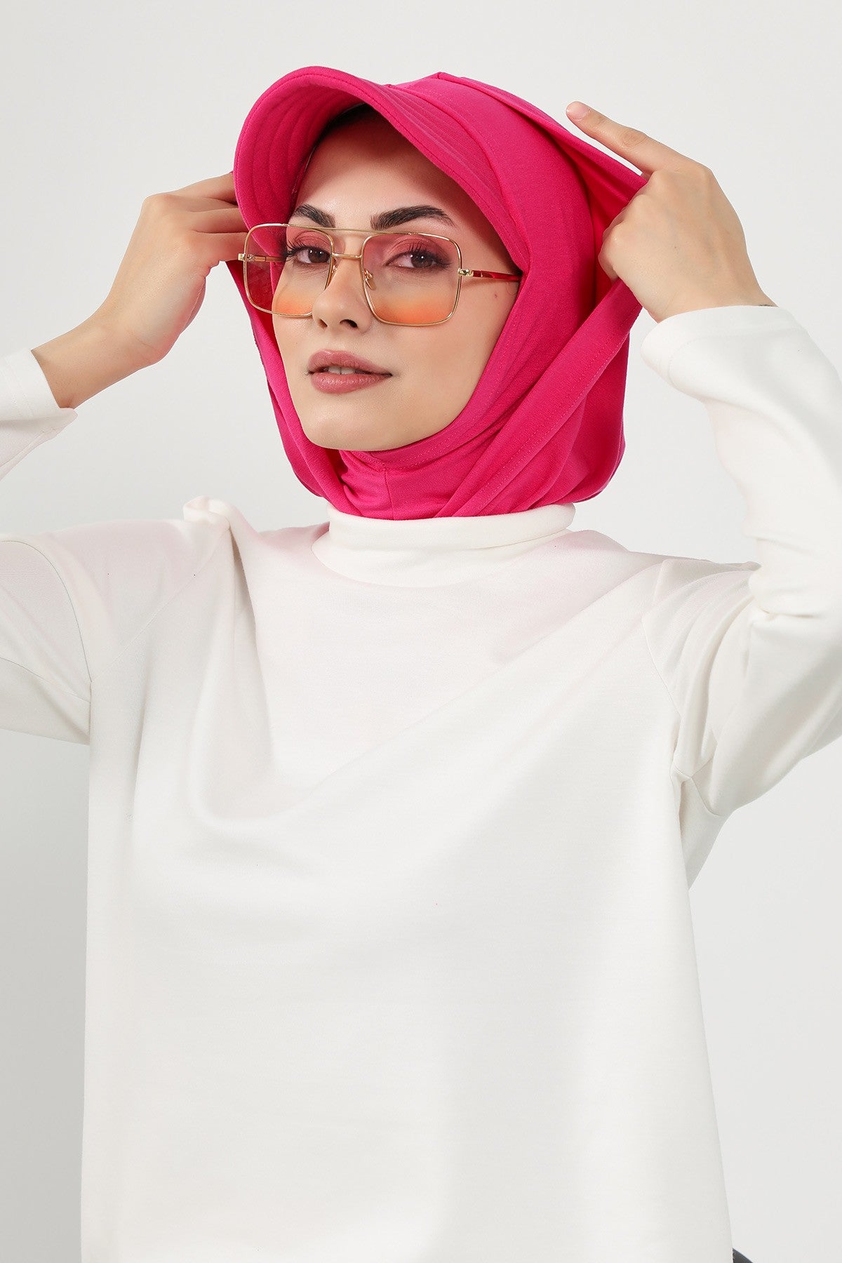 Full Coverage Cotton Bonnet Hijab with Visor, Ready to Wear Modest Visor Underscarf Bonnet with Neck Cover,B-88P Fuchsia