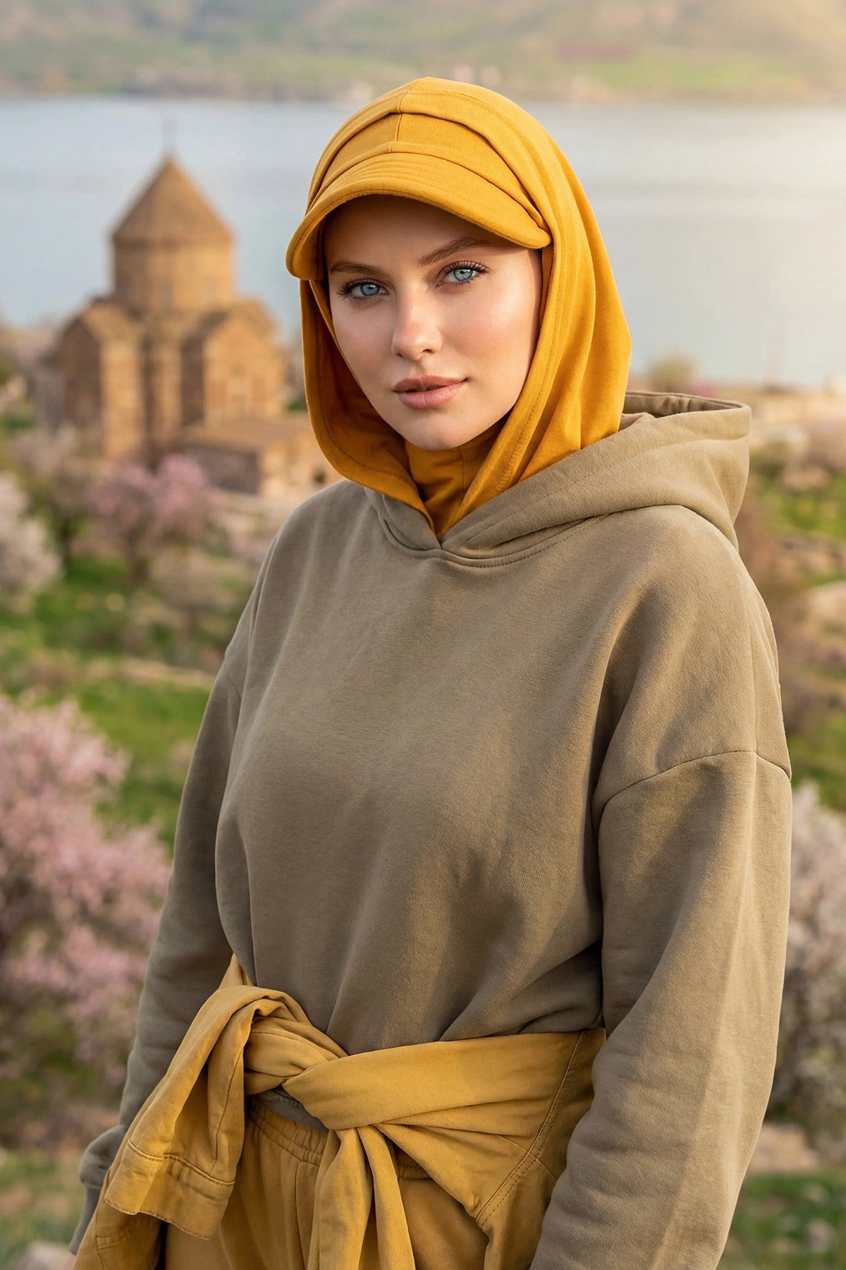 Full Coverage Cotton Bonnet Hijab with Visor, Ready to Wear Modest Visor Underscarf Bonnet with Neck Cover,B-88P Mustard Yellow