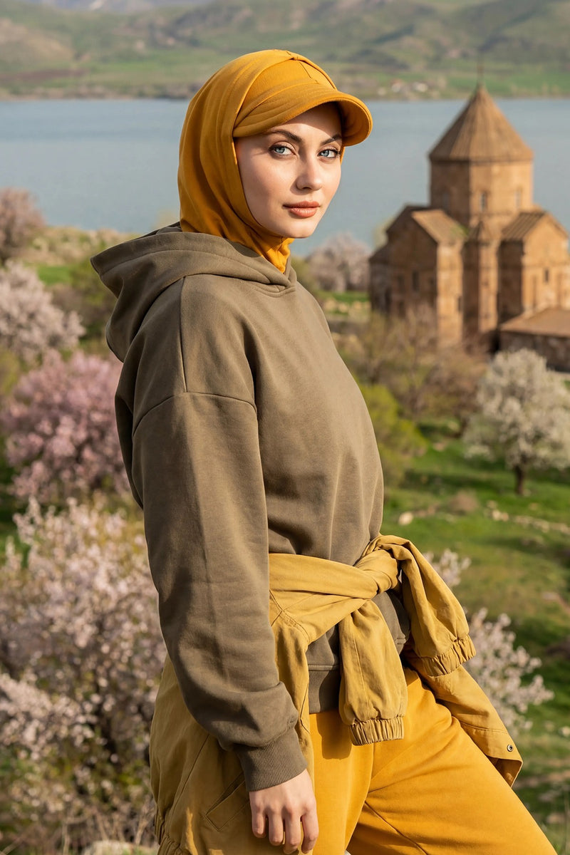 Full Coverage Cotton Bonnet Hijab with Visor, Ready to Wear Modest Visor Underscarf Bonnet with Neck Cover,B-88P Mustard Yellow