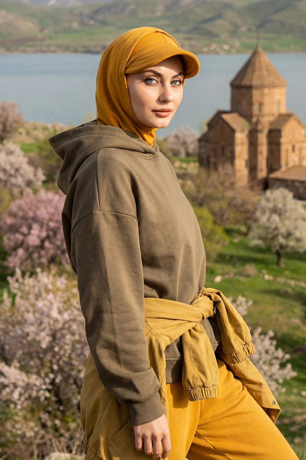 Full Coverage Cotton Bonnet Hijab with Visor, Ready to Wear Modest Visor Underscarf Bonnet with Neck Cover,B-88P Mustard Yellow