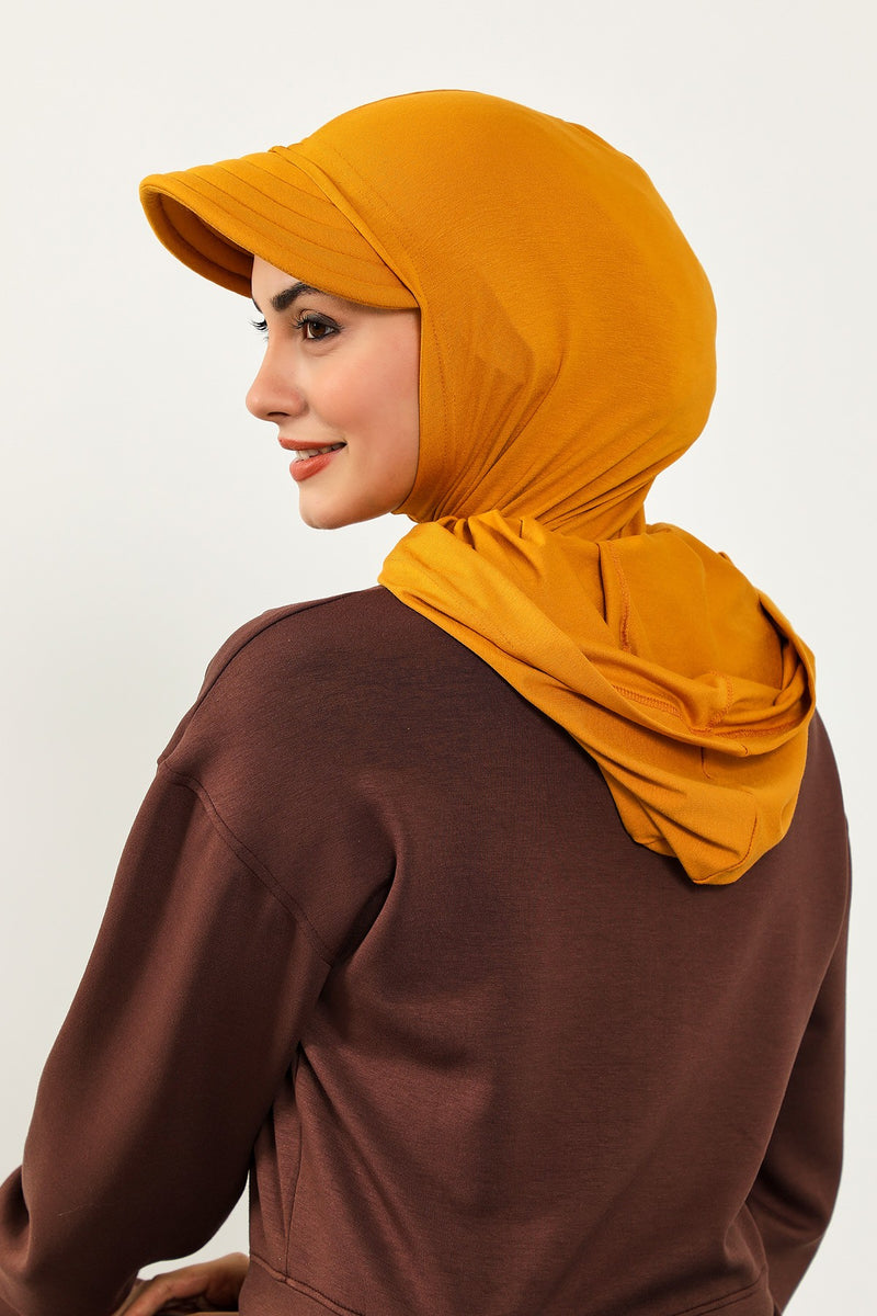 Full Coverage Cotton Bonnet Hijab with Visor, Ready to Wear Modest Visor Underscarf Bonnet with Neck Cover,B-88P Mustard Yellow