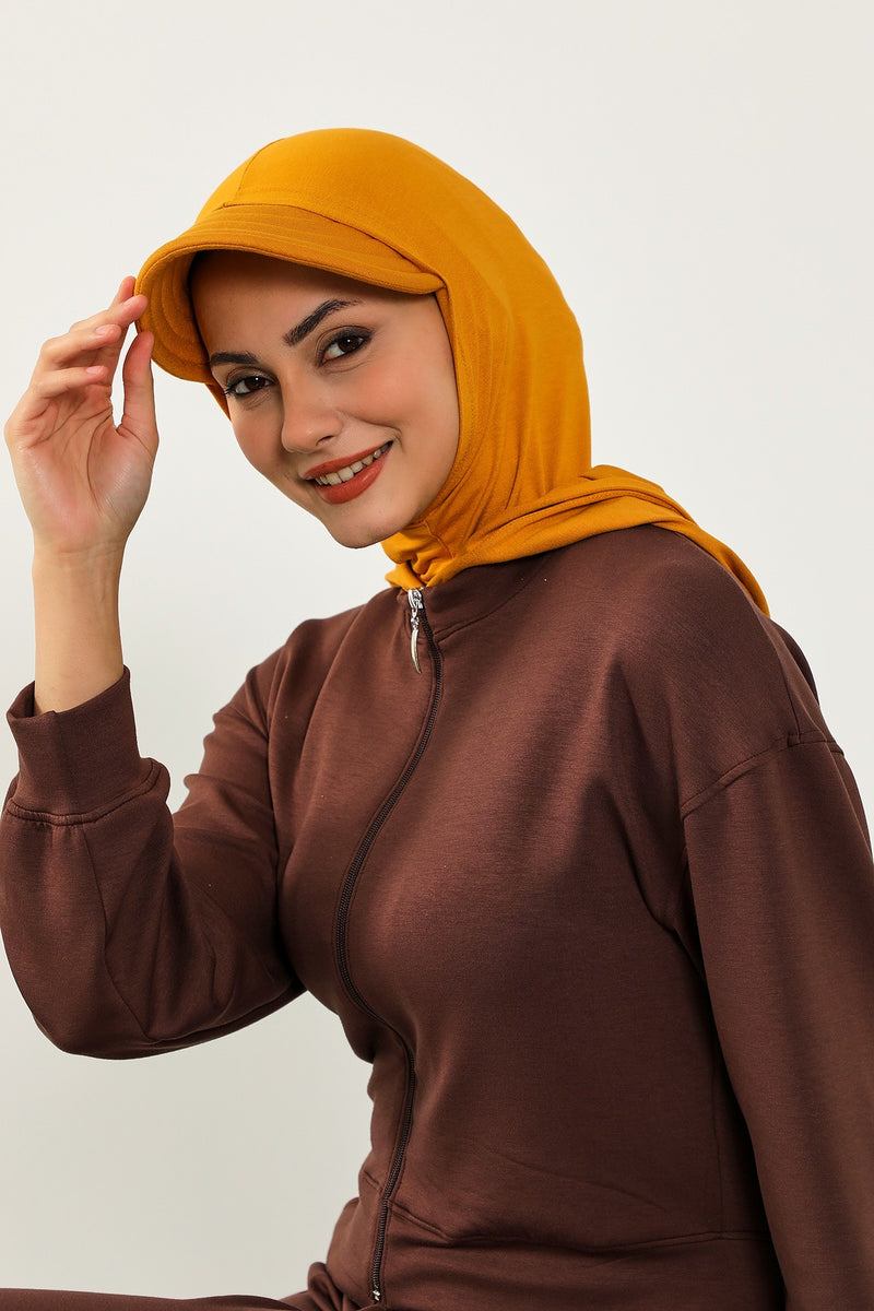 Full Coverage Cotton Bonnet Hijab with Visor, Ready to Wear Modest Visor Underscarf Bonnet with Neck Cover,B-88P Mustard Yellow