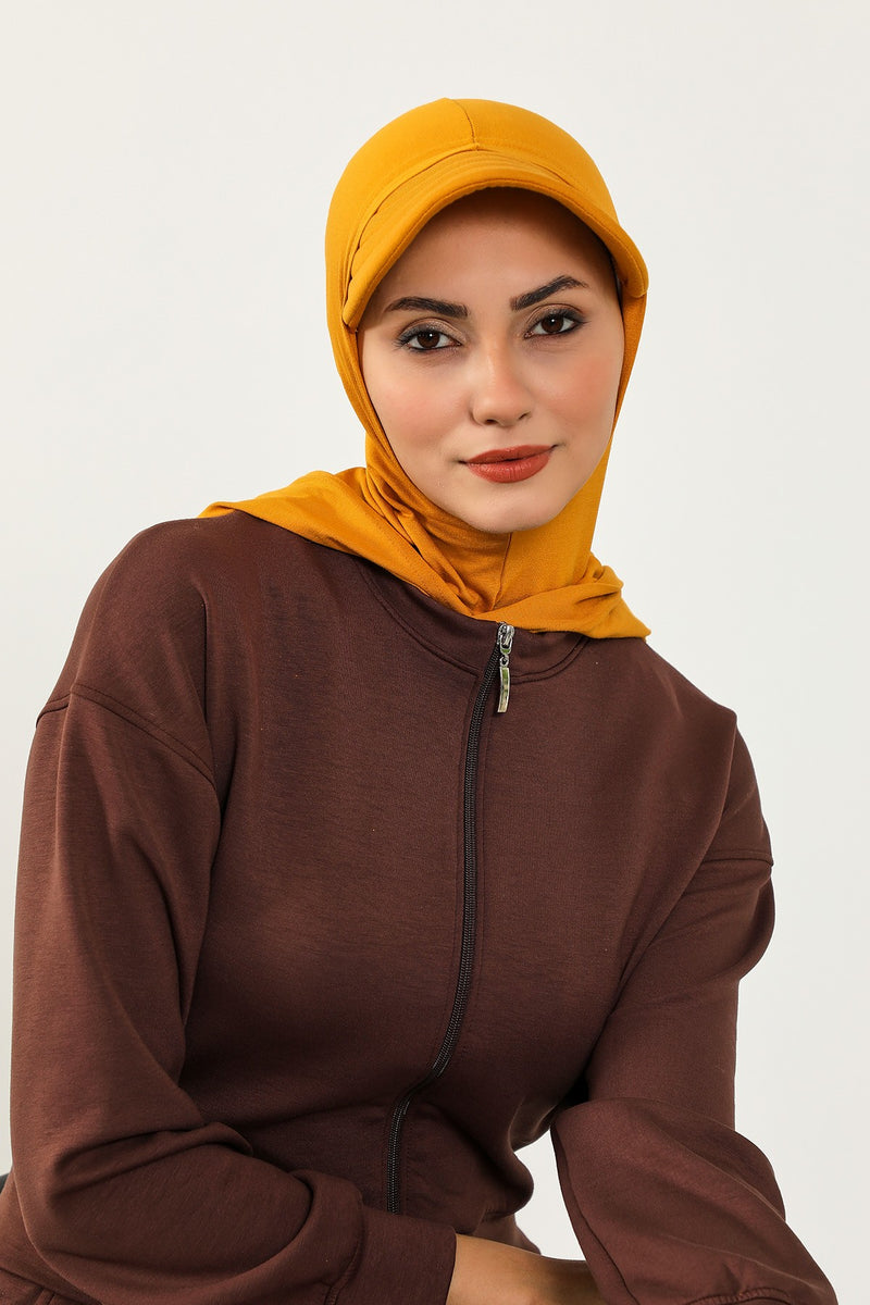 Full Coverage Cotton Bonnet Hijab with Visor, Ready to Wear Modest Visor Underscarf Bonnet with Neck Cover,B-88P Mustard Yellow