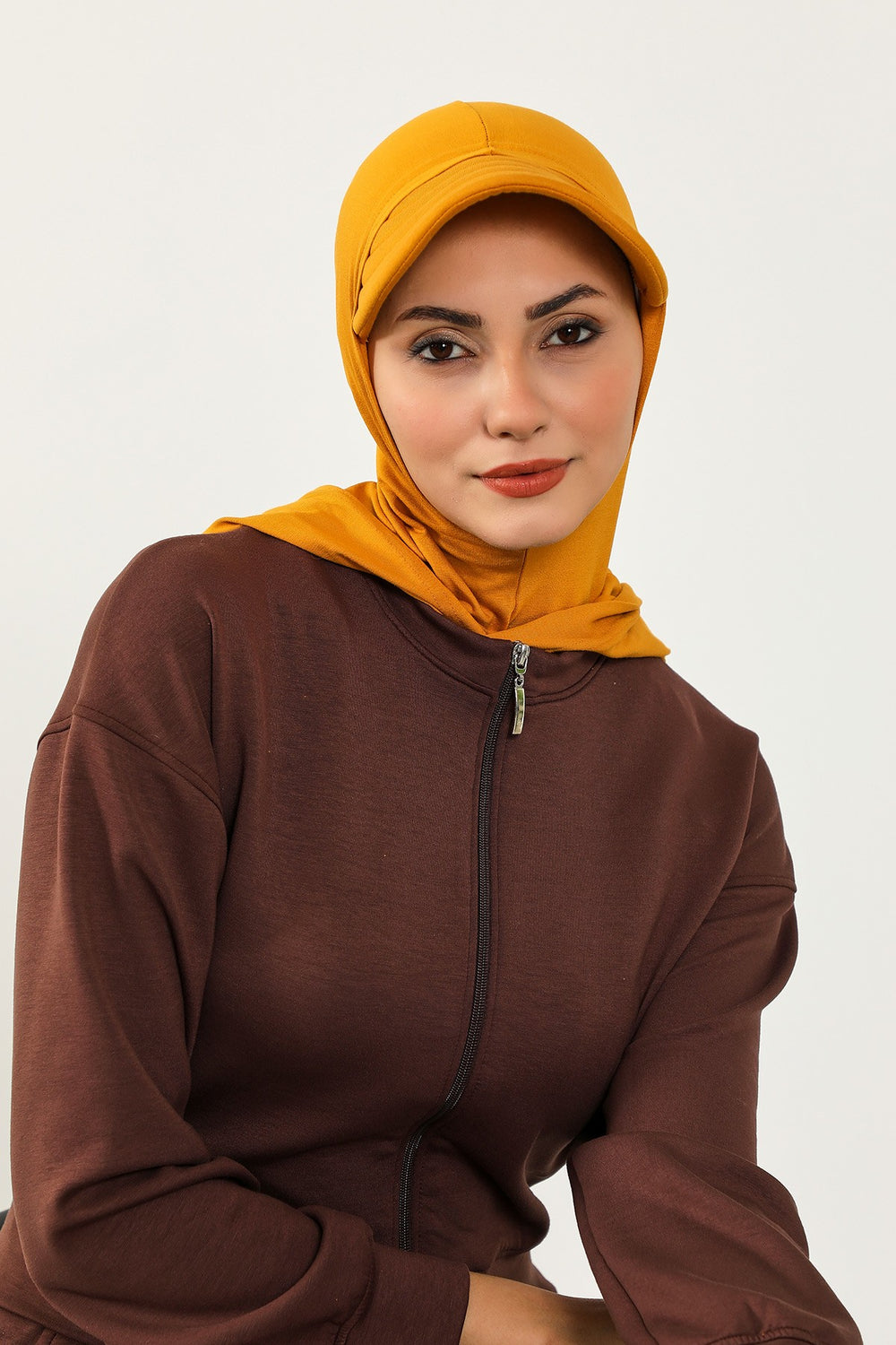 Full Coverage Cotton Bonnet Hijab with Visor, Ready to Wear Modest Visor Underscarf Bonnet with Neck Cover,B-88P Mustard Yellow