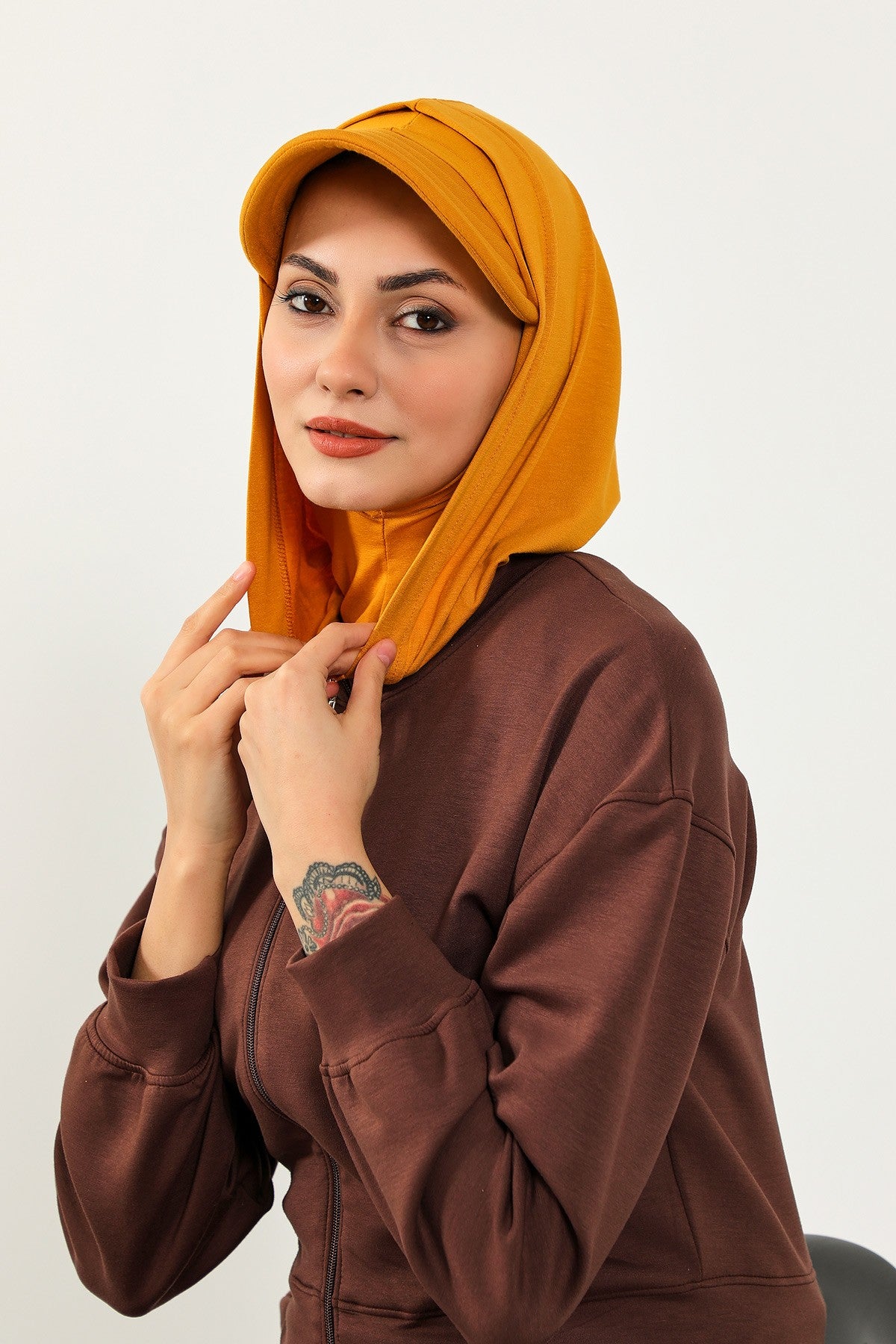 Full Coverage Cotton Bonnet Hijab with Visor, Ready to Wear Modest Visor Underscarf Bonnet with Neck Cover,B-88P Mustard Yellow