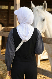 Full Coverage Cotton Bonnet Hijab with Visor, Ready to Wear Modest Visor Underscarf Bonnet with Neck Cover,B-88P White