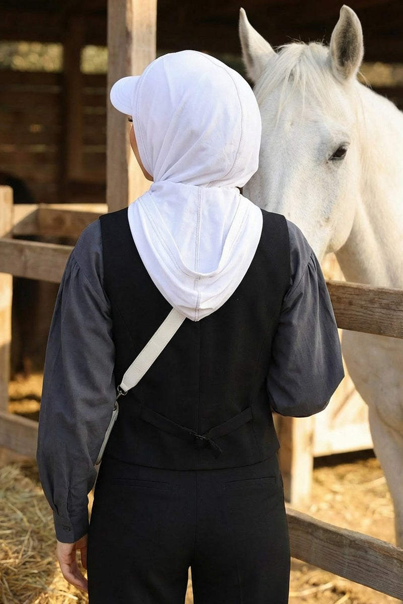Full Coverage Cotton Bonnet Hijab with Visor, Ready to Wear Modest Visor Underscarf Bonnet with Neck Cover,B-88P White