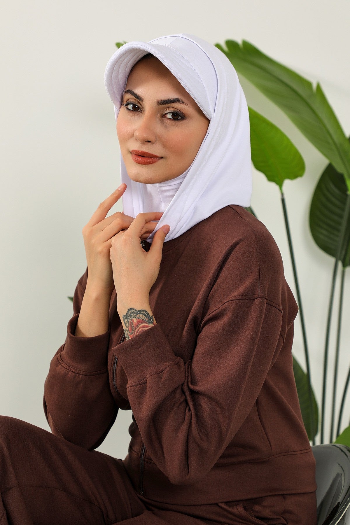 Full Coverage Cotton Bonnet Hijab with Visor, Ready to Wear Modest Visor Underscarf Bonnet with Neck Cover,B-88P White