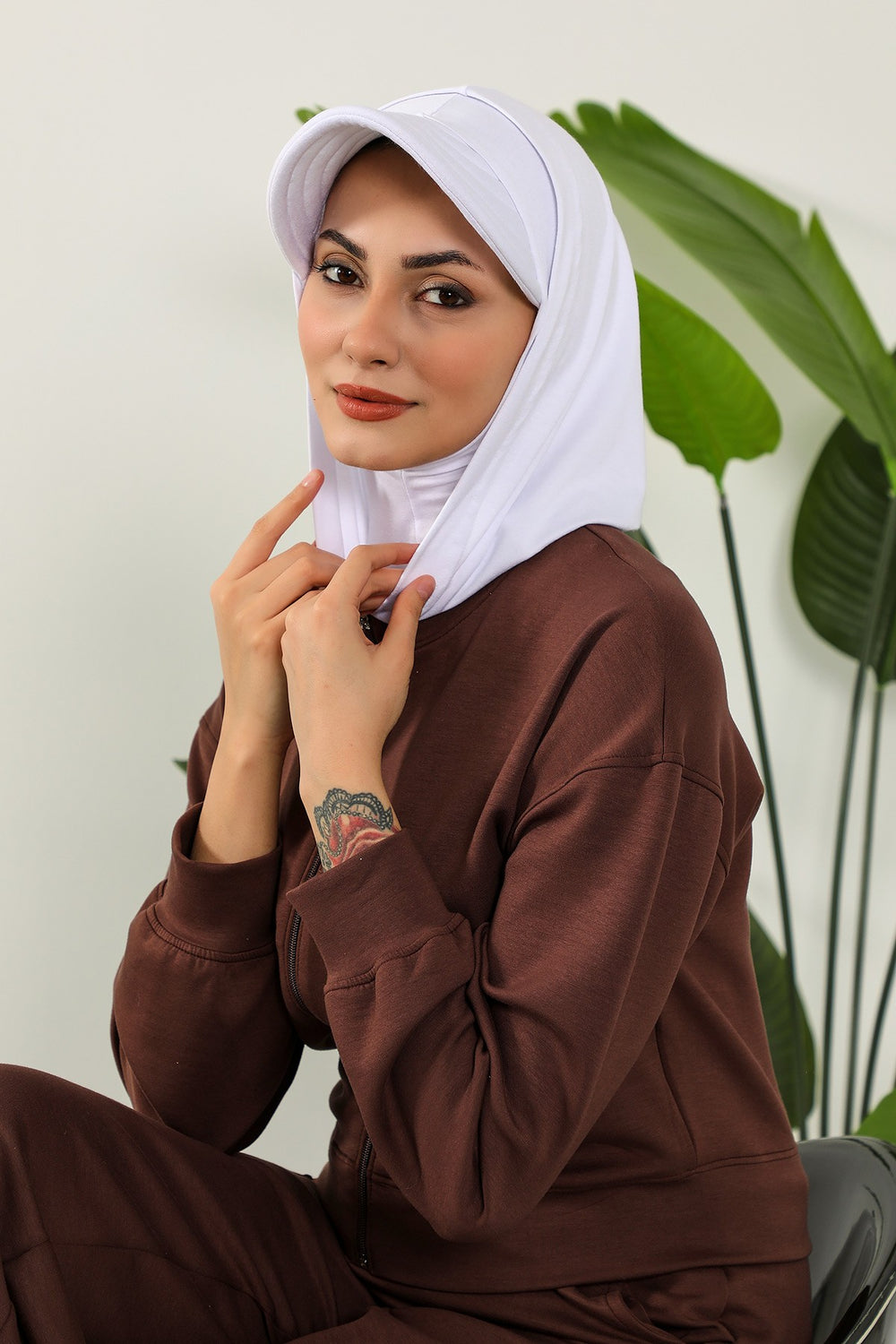 Full Coverage Cotton Bonnet Hijab with Visor, Ready to Wear Modest Visor Underscarf Bonnet with Neck Cover,B-88P White