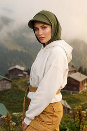 Full Coverage Cotton Bonnet Hijab with Visor, Ready to Wear Modest Visor Underscarf Bonnet with Neck Cover,B-88P Army Green