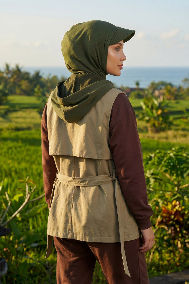 Full Coverage Cotton Bonnet Hijab with Visor, Ready to Wear Modest Visor Underscarf Bonnet with Neck Cover,B-88P Army Green