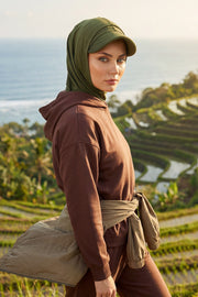 Full Coverage Cotton Bonnet Hijab with Visor, Ready to Wear Modest Visor Underscarf Bonnet with Neck Cover,B-88P Army Green