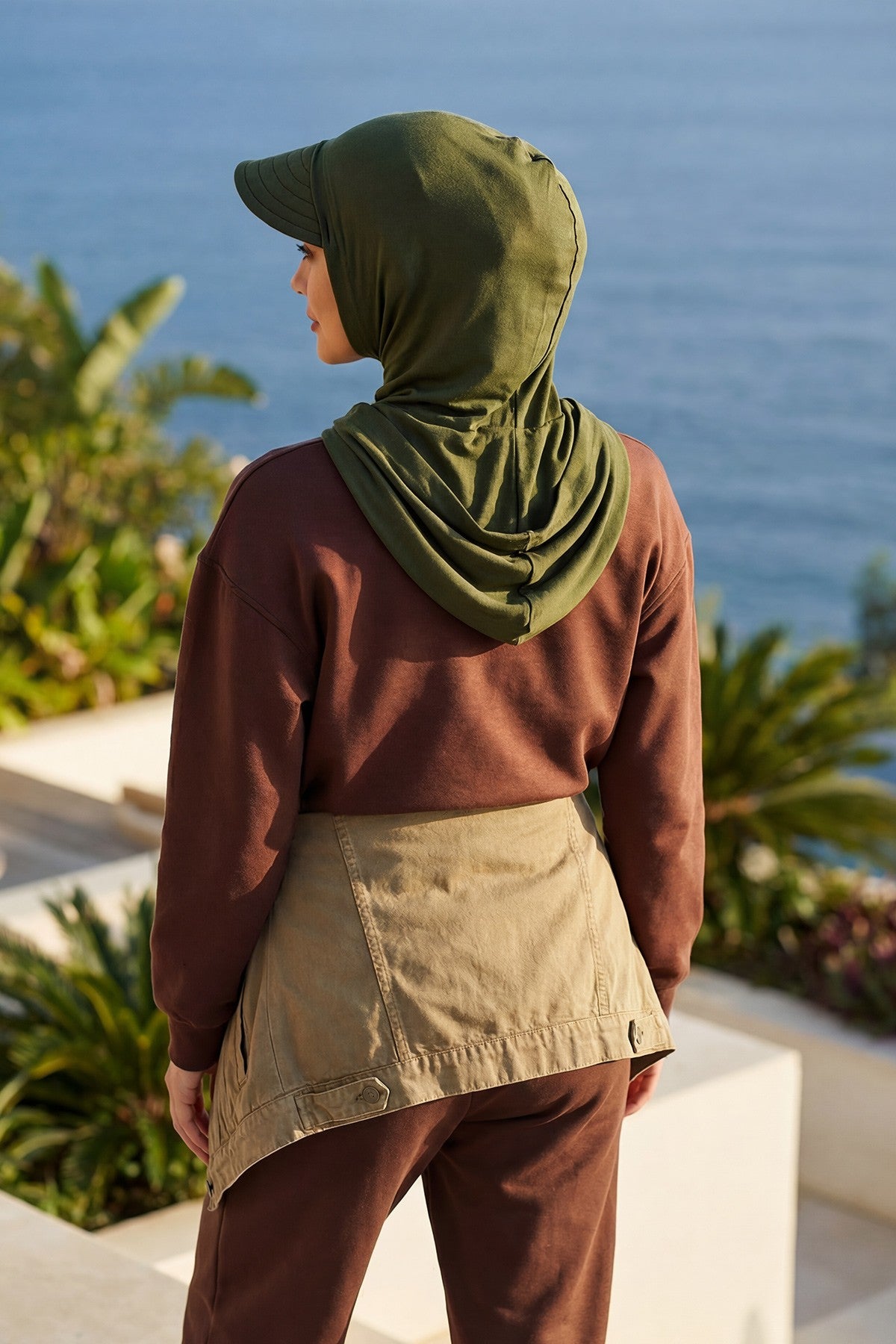 Full Coverage Cotton Bonnet Hijab with Visor, Ready to Wear Modest Visor Underscarf Bonnet with Neck Cover,B-88P Army Green