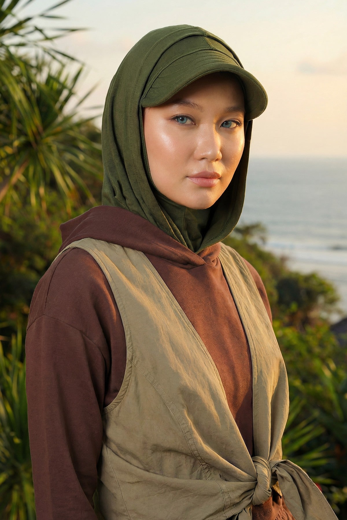 Full Coverage Cotton Bonnet Hijab with Visor, Ready to Wear Modest Visor Underscarf Bonnet with Neck Cover,B-88P Army Green