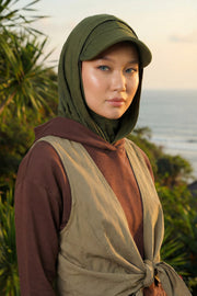 Full Coverage Cotton Bonnet Hijab with Visor, Ready to Wear Modest Visor Underscarf Bonnet with Neck Cover,B-88P Army Green