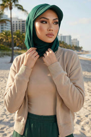 Full Coverage Cotton Bonnet Hijab with Visor, Ready to Wear Modest Visor Underscarf Bonnet with Neck Cover,B-88P Green