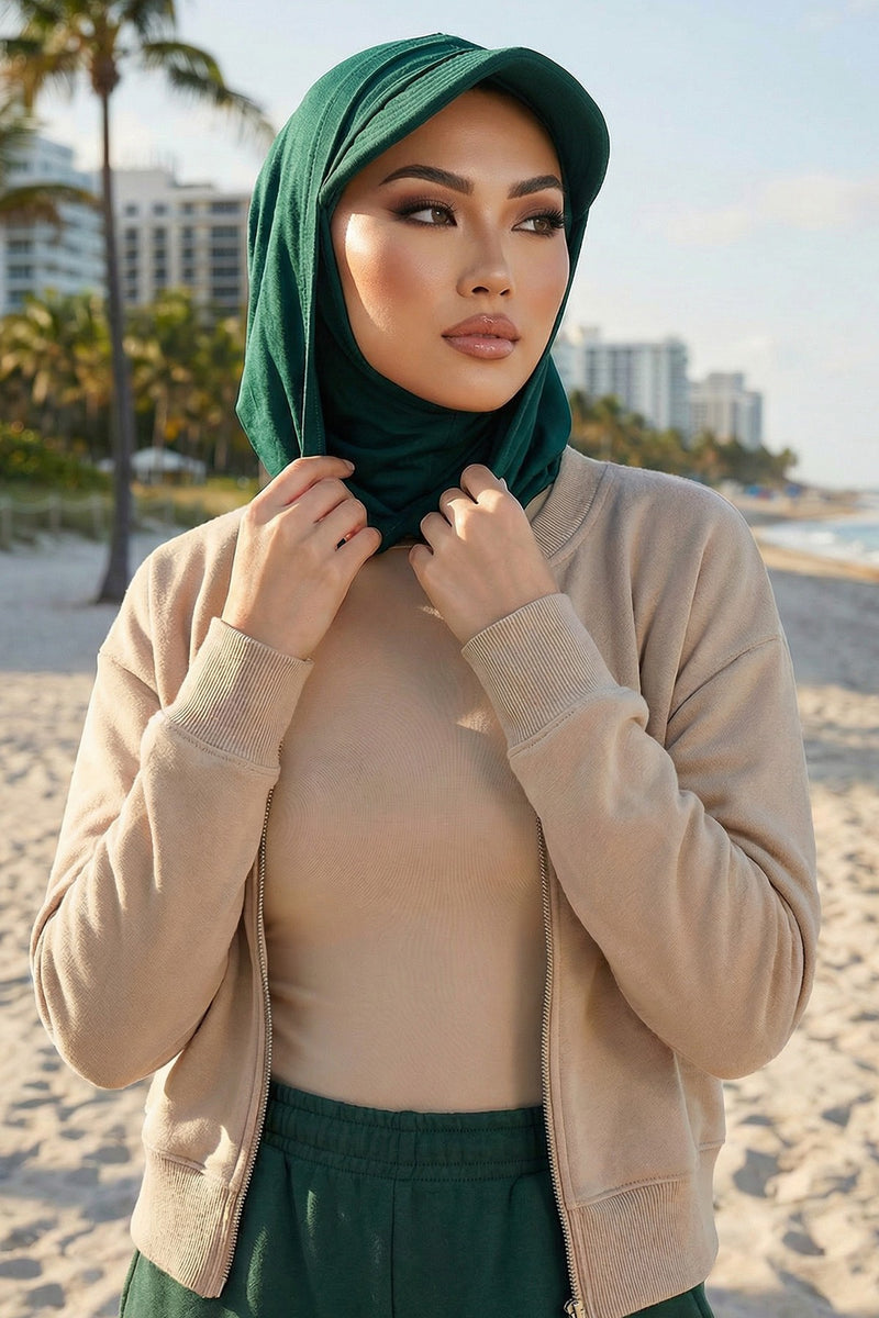 Full Coverage Cotton Bonnet Hijab with Visor, Ready to Wear Modest Visor Underscarf Bonnet with Neck Cover,B-88P Green