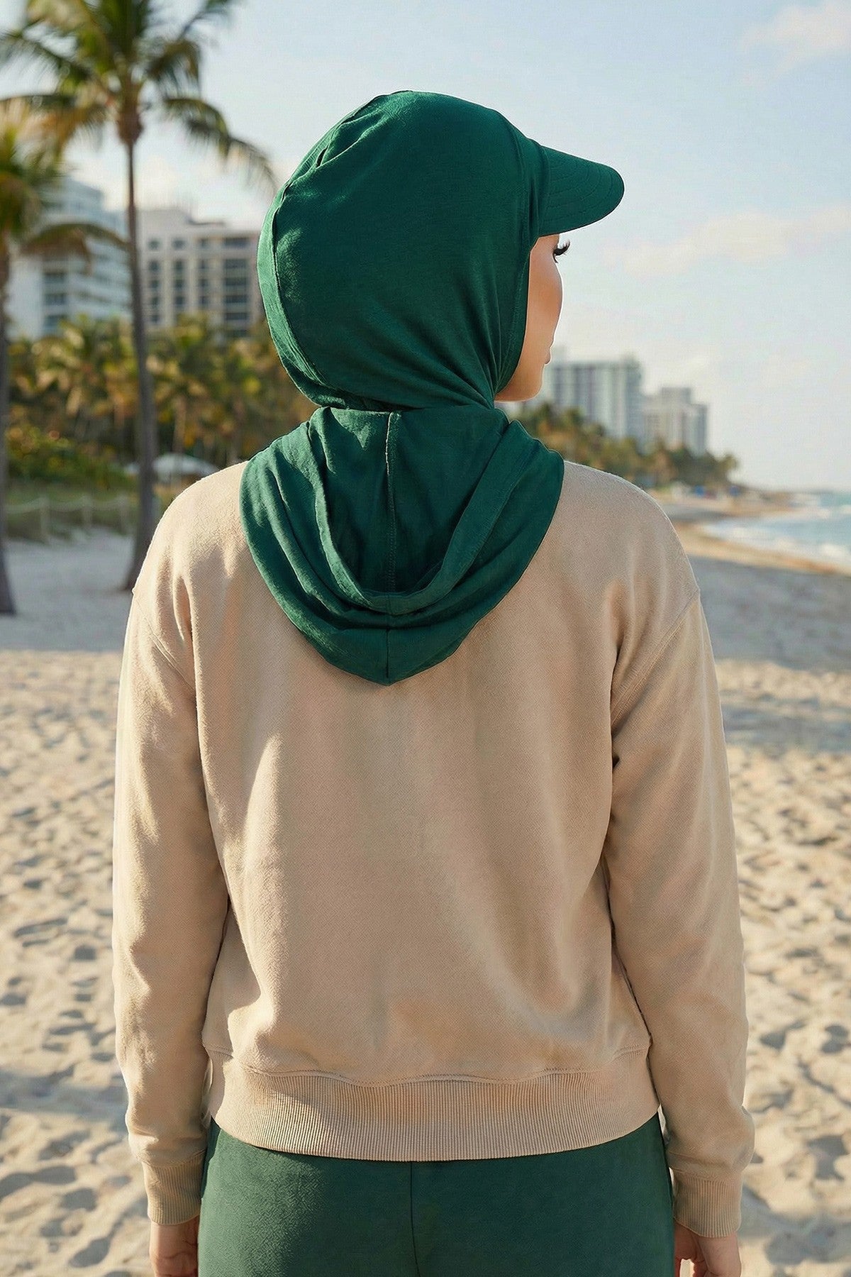 Full Coverage Cotton Bonnet Hijab with Visor, Ready to Wear Modest Visor Underscarf Bonnet with Neck Cover,B-88P Green