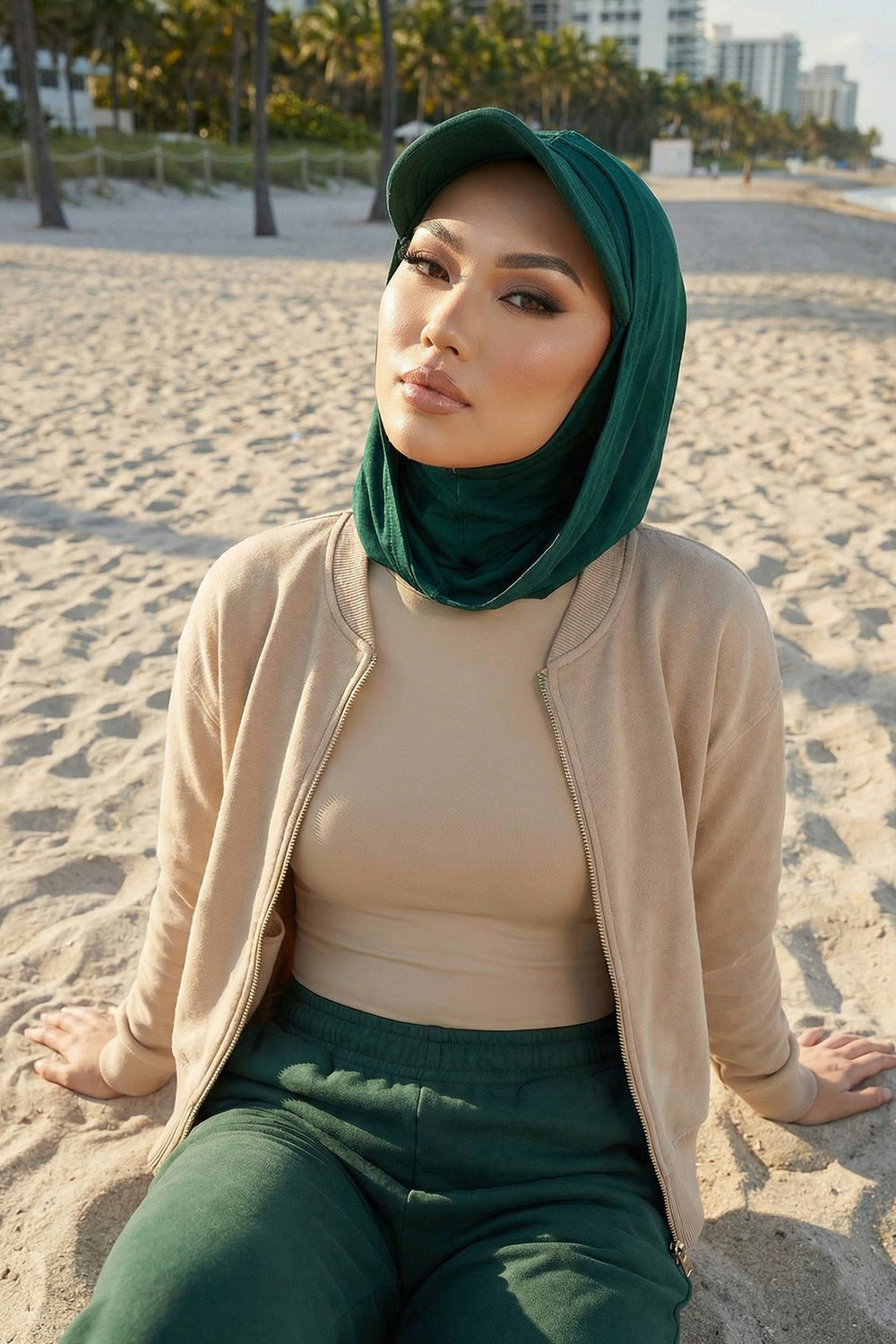 Full Coverage Cotton Bonnet Hijab with Visor, Ready to Wear Modest Visor Underscarf Bonnet with Neck Cover,B-88P Green