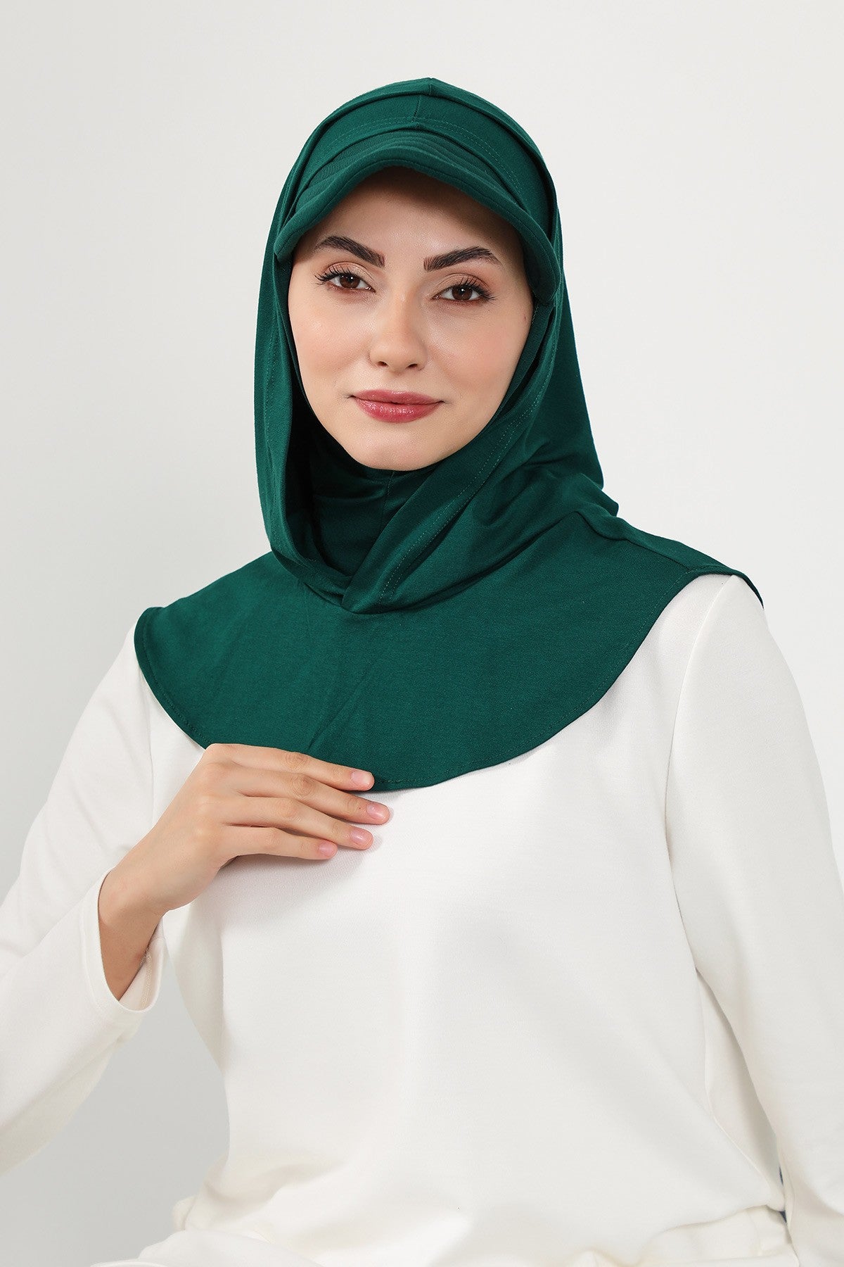 Full Coverage Cotton Bonnet Hijab with Visor, Ready to Wear Modest Visor Underscarf Bonnet with Neck Cover,B-88P Green