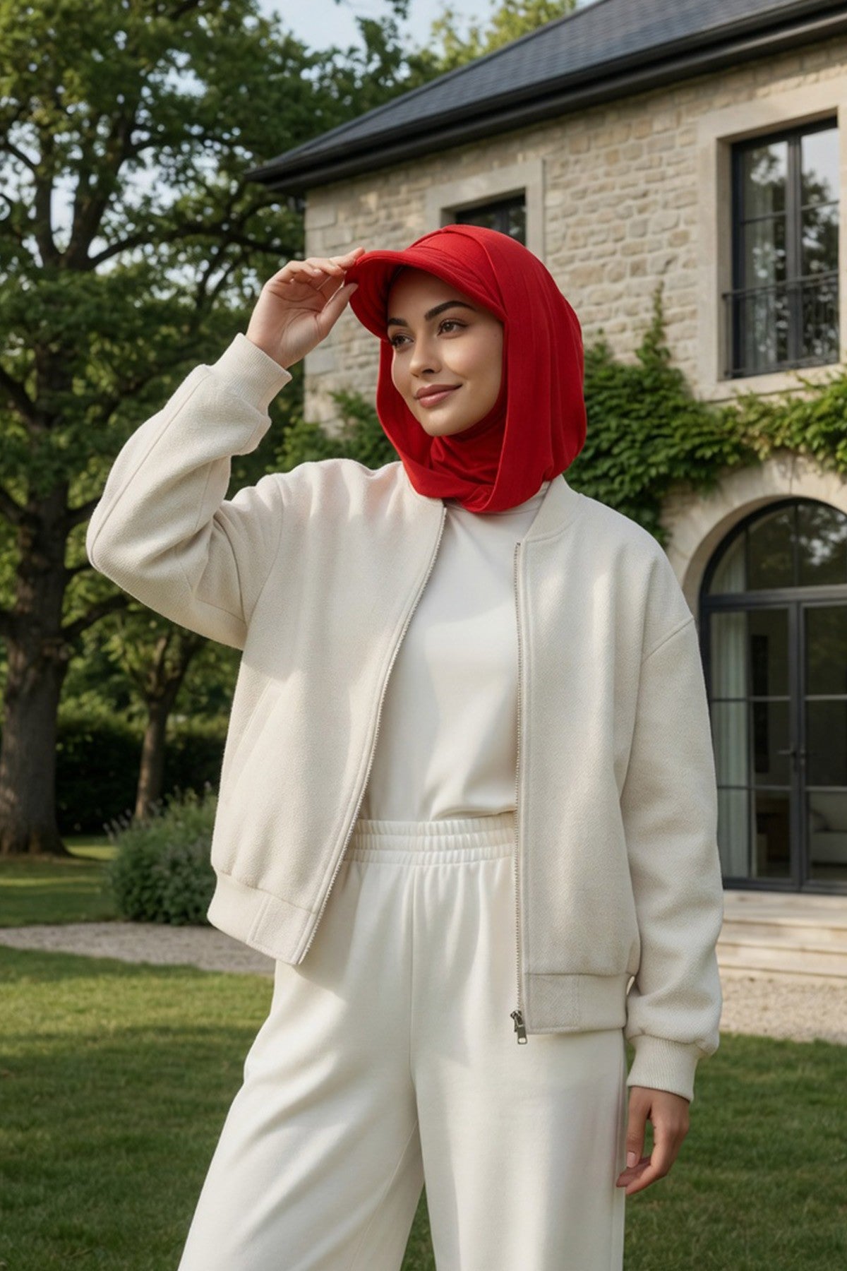 Full Coverage Cotton Bonnet Hijab with Visor, Ready to Wear Modest Visor Underscarf Bonnet with Neck Cover,B-88P Red