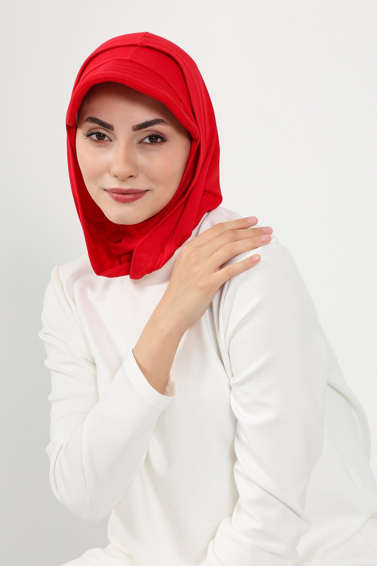 Full Coverage Cotton Bonnet Hijab with Visor, Ready to Wear Modest Visor Underscarf Bonnet with Neck Cover,B-88P Red