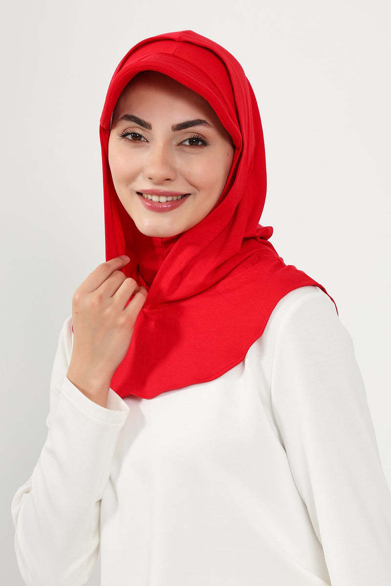 Full Coverage Cotton Bonnet Hijab with Visor, Ready to Wear Modest Visor Underscarf Bonnet with Neck Cover,B-88P Red