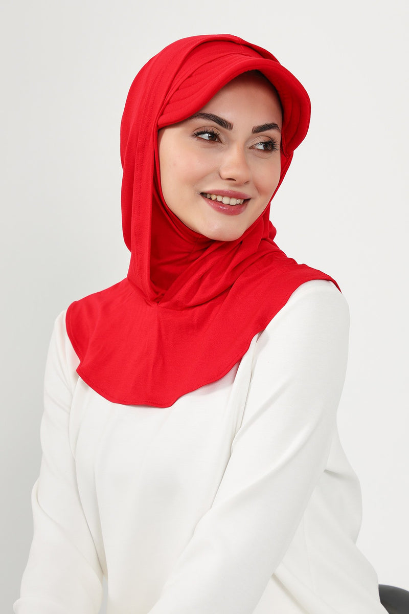 Full Coverage Cotton Bonnet Hijab with Visor, Ready to Wear Modest Visor Underscarf Bonnet with Neck Cover,B-88P Red