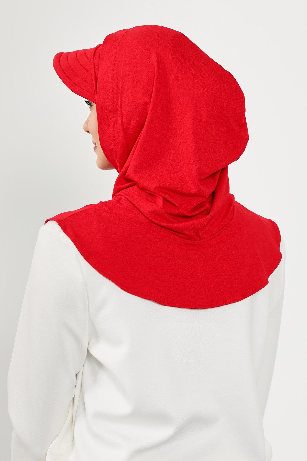 Full Coverage Cotton Bonnet Hijab with Visor, Ready to Wear Modest Visor Underscarf Bonnet with Neck Cover,B-88P Red