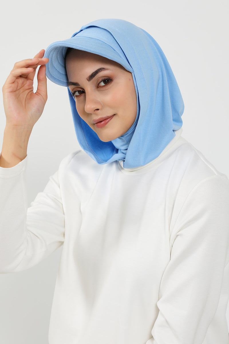 Full Coverage Cotton Bonnet Hijab with Visor, Ready to Wear Modest Visor Underscarf Bonnet with Neck Cover,B-88P Blue