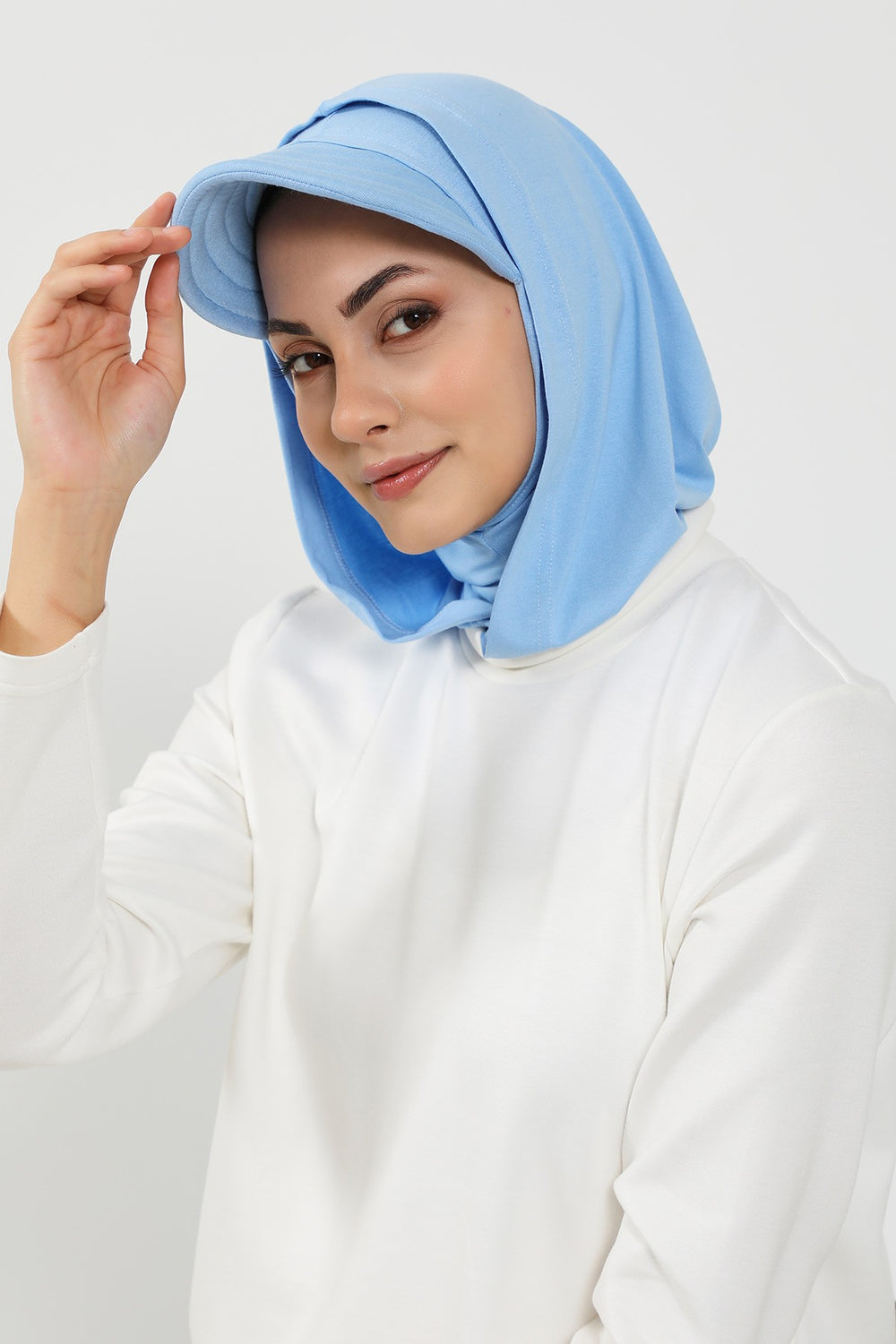 Full Coverage Cotton Bonnet Hijab with Visor, Ready to Wear Modest Visor Underscarf Bonnet with Neck Cover,B-88P Blue