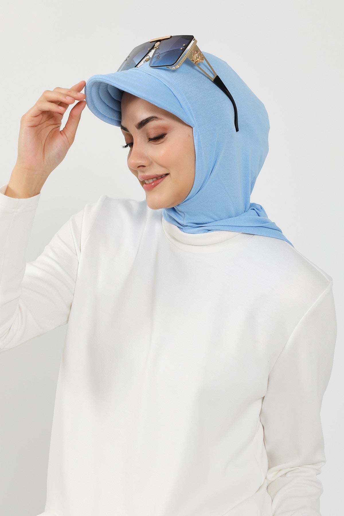 Full Coverage Cotton Bonnet Hijab with Visor, Ready to Wear Modest Visor Underscarf Bonnet with Neck Cover,B-88P Blue
