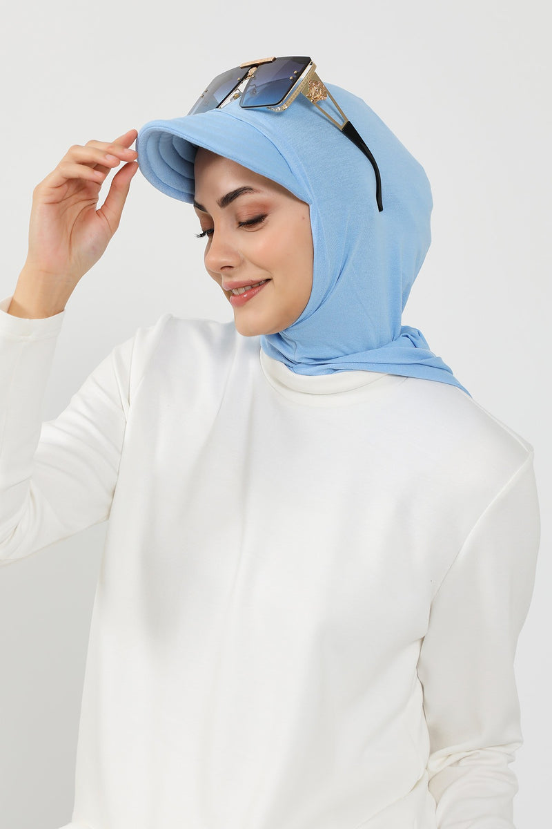 Full Coverage Cotton Bonnet Hijab with Visor, Ready to Wear Modest Visor Underscarf Bonnet with Neck Cover,B-88P Blue