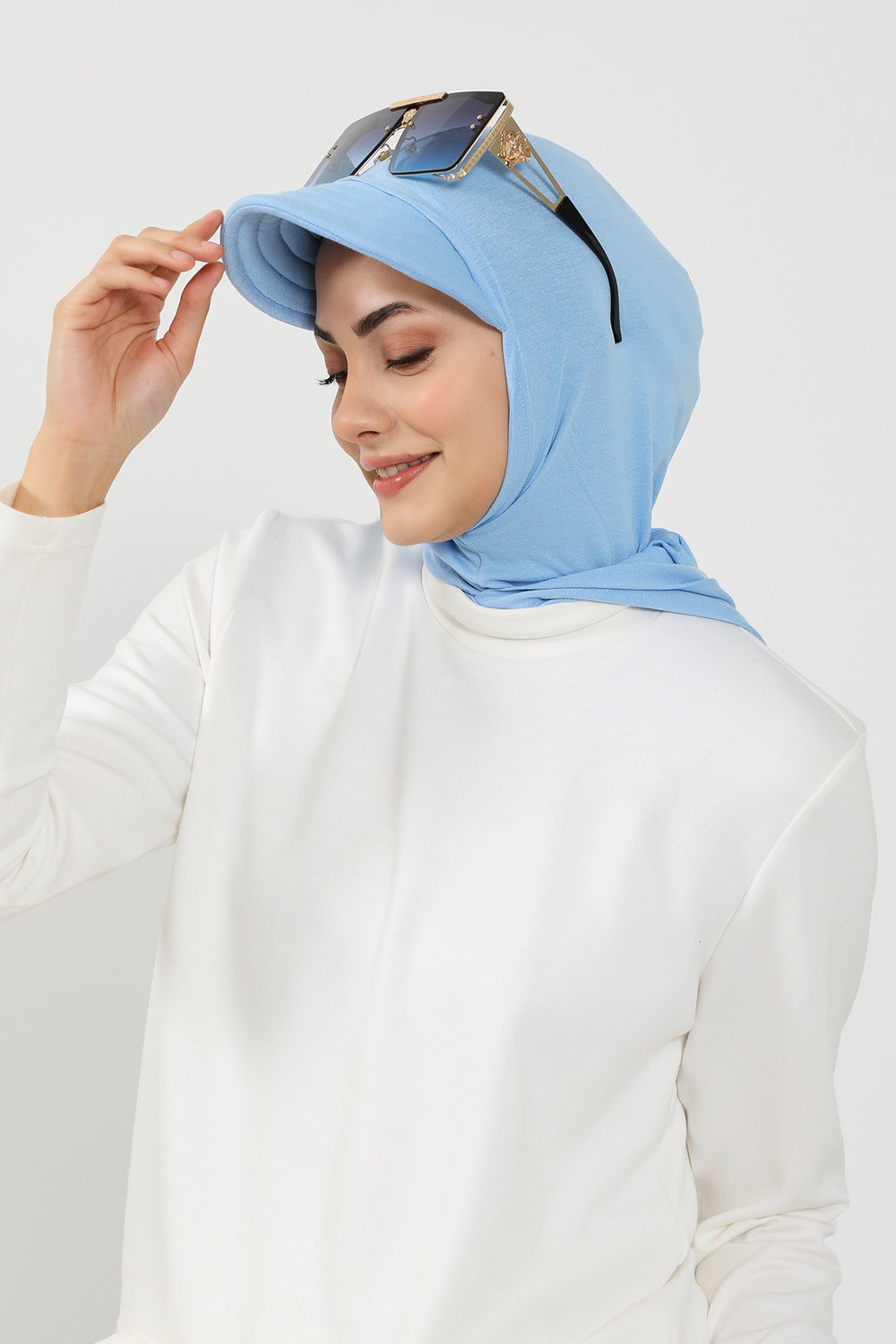 Full Coverage Cotton Bonnet Hijab with Visor, Ready to Wear Modest Visor Underscarf Bonnet with Neck Cover,B-88P Blue