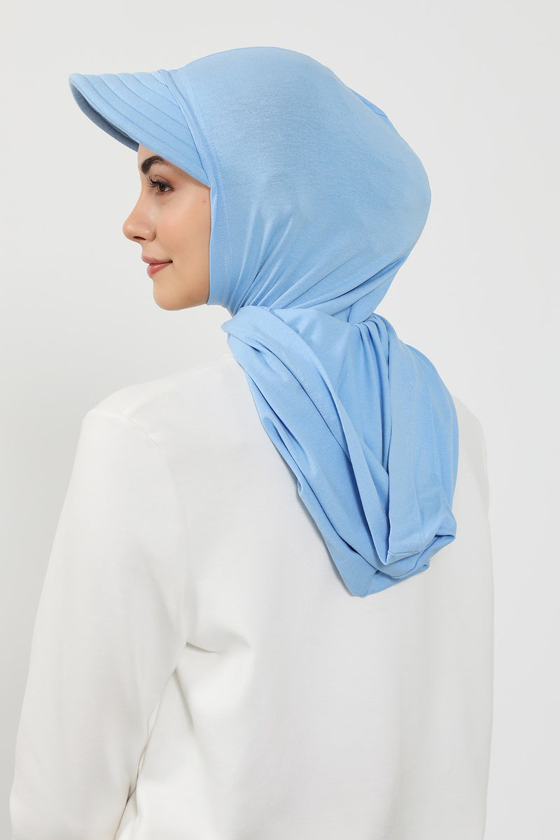 Full Coverage Cotton Bonnet Hijab with Visor, Ready to Wear Modest Visor Underscarf Bonnet with Neck Cover,B-88P Blue