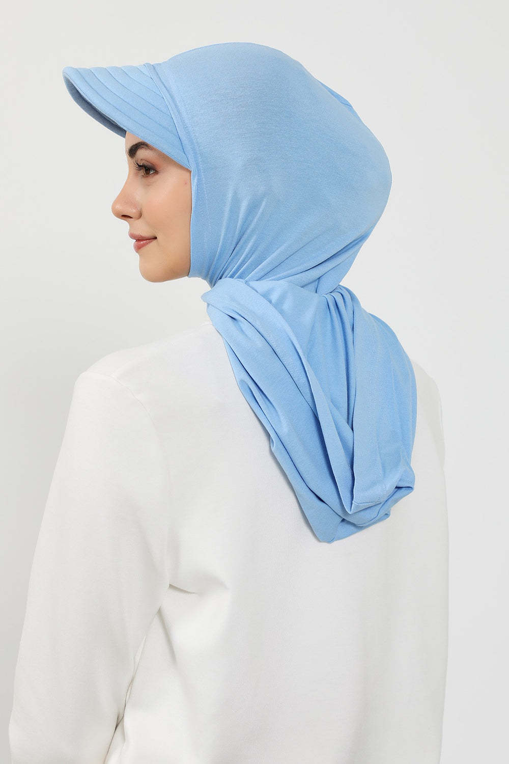 Full Coverage Cotton Bonnet Hijab with Visor, Ready to Wear Modest Visor Underscarf Bonnet with Neck Cover,B-88P Blue