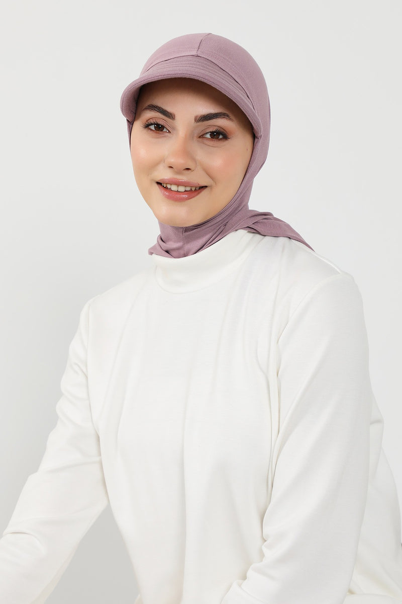 Full Coverage Cotton Bonnet Hijab with Visor, Ready to Wear Modest Visor Underscarf Bonnet with Neck Cover,B-88P Lilac