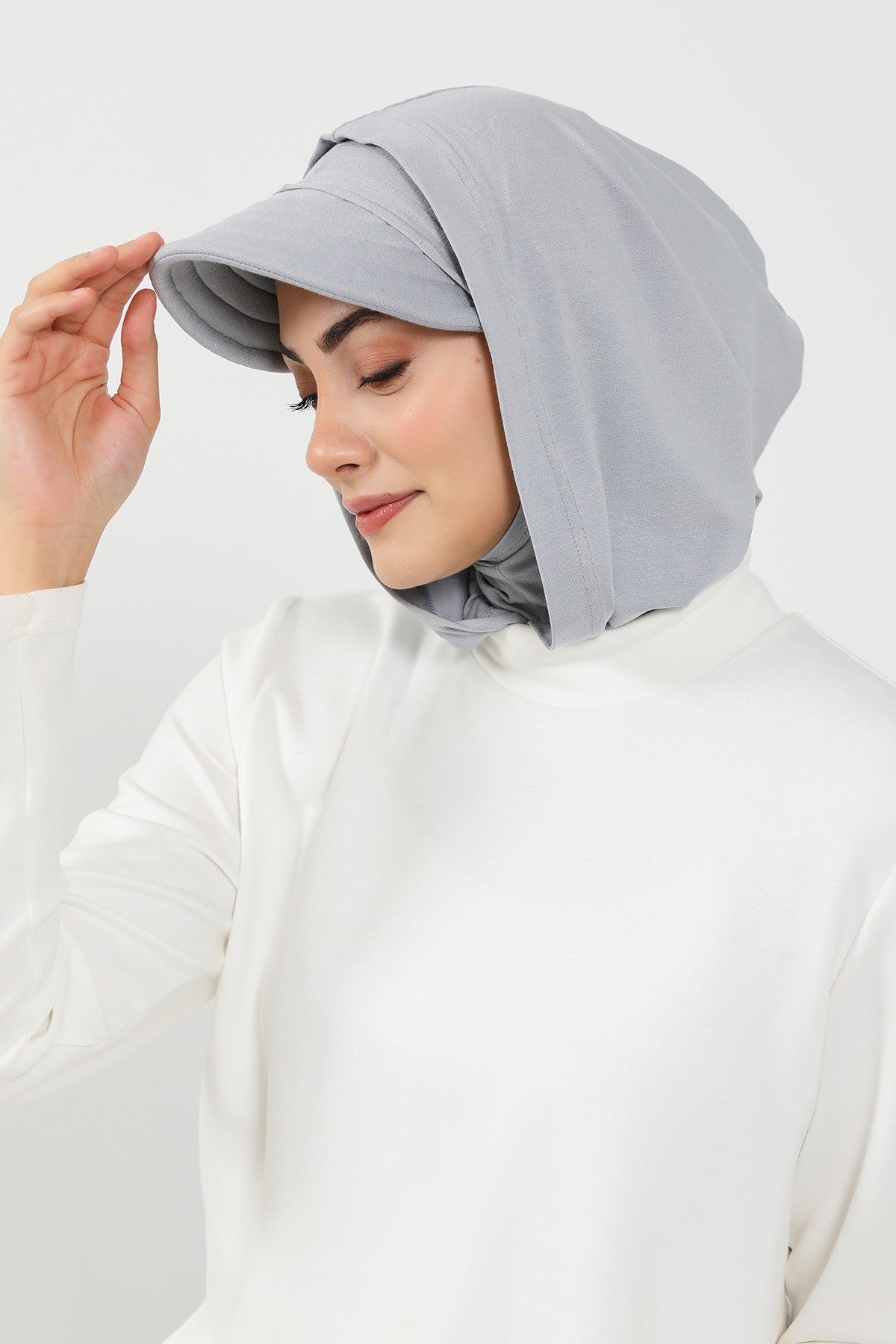 Full Coverage Cotton Bonnet Hijab with Visor, Ready to Wear Modest Visor Underscarf Bonnet with Neck Cover,B-88P Grey 2