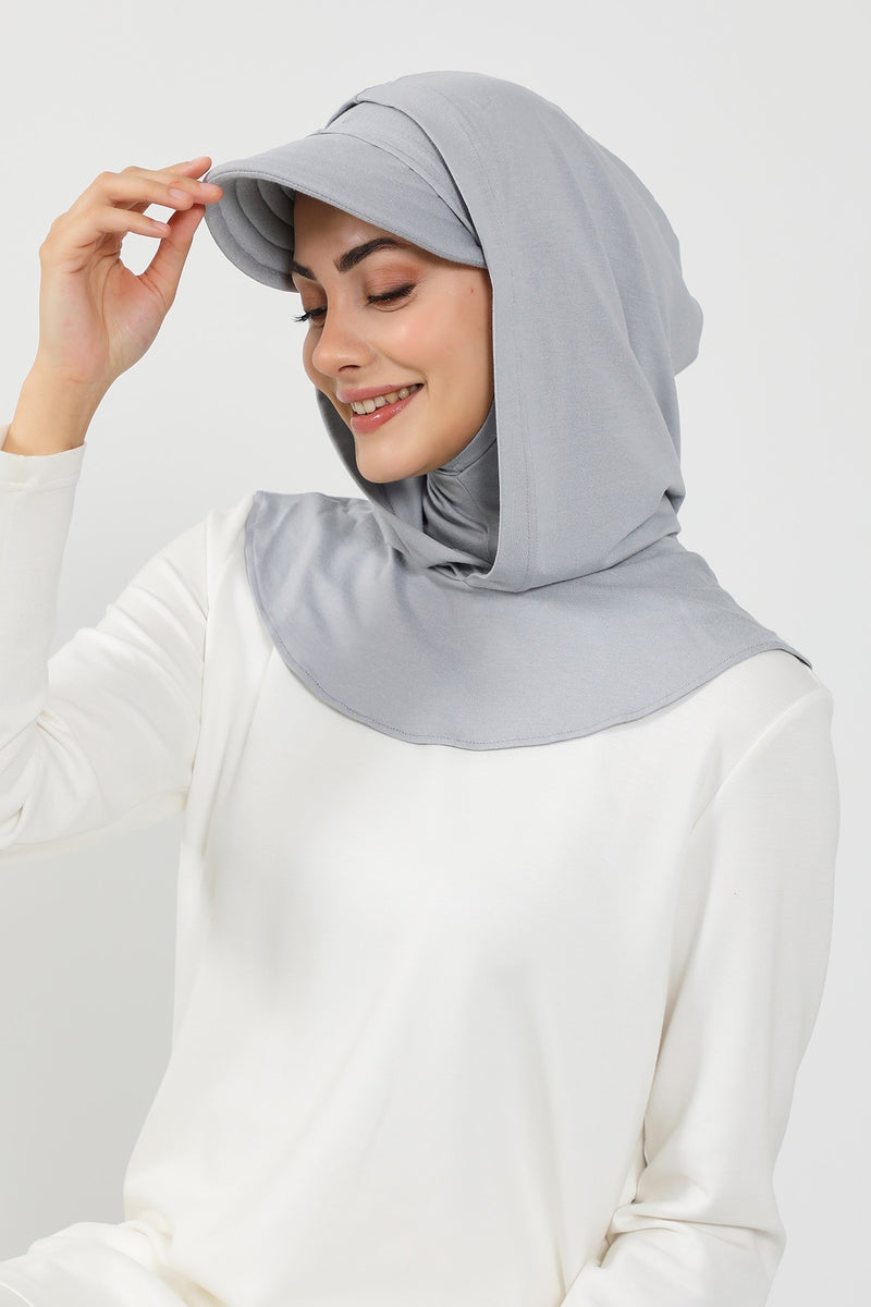 Full Coverage Cotton Bonnet Hijab with Visor, Ready to Wear Modest Visor Underscarf Bonnet with Neck Cover,B-88P Grey 2
