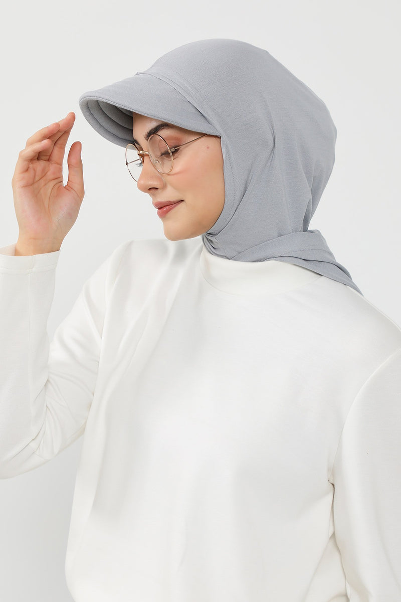 Full Coverage Cotton Bonnet Hijab with Visor, Ready to Wear Modest Visor Underscarf Bonnet with Neck Cover,B-88P Grey 2