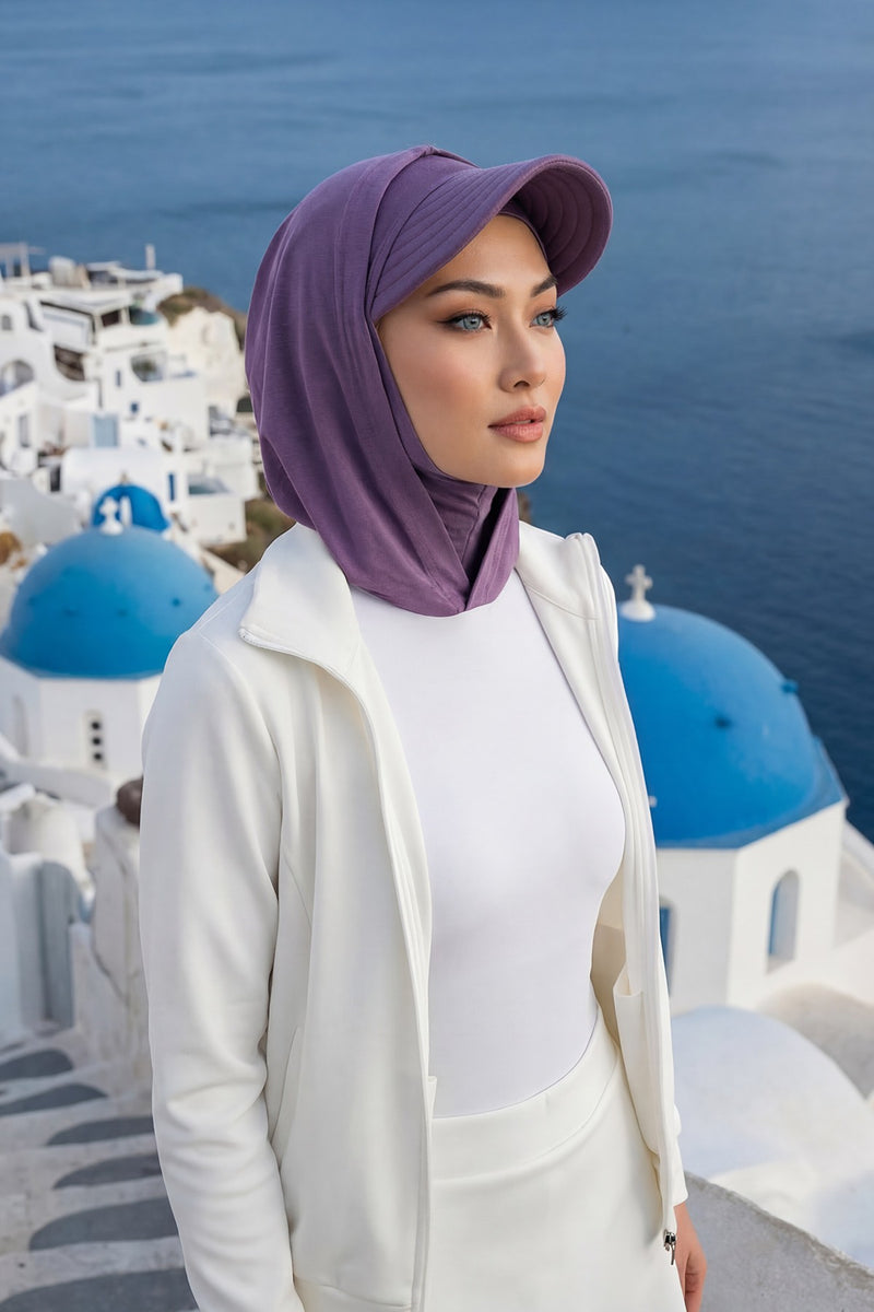Full Coverage Cotton Bonnet Hijab with Visor, Ready to Wear Modest Visor Underscarf Bonnet with Neck Cover,B-88P Purple 2