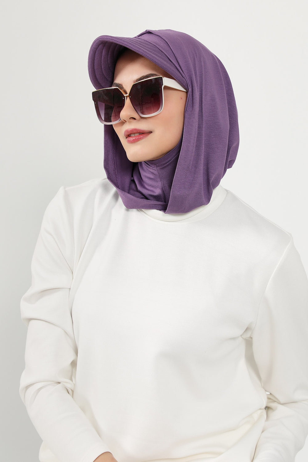 Full Coverage Cotton Bonnet Hijab with Visor, Ready to Wear Modest Visor Underscarf Bonnet with Neck Cover,B-88P Purple 2